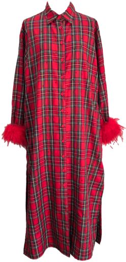 Queen Of Sparkles Red & Green Plaid Feather Sleeve Button Up Midi Dress