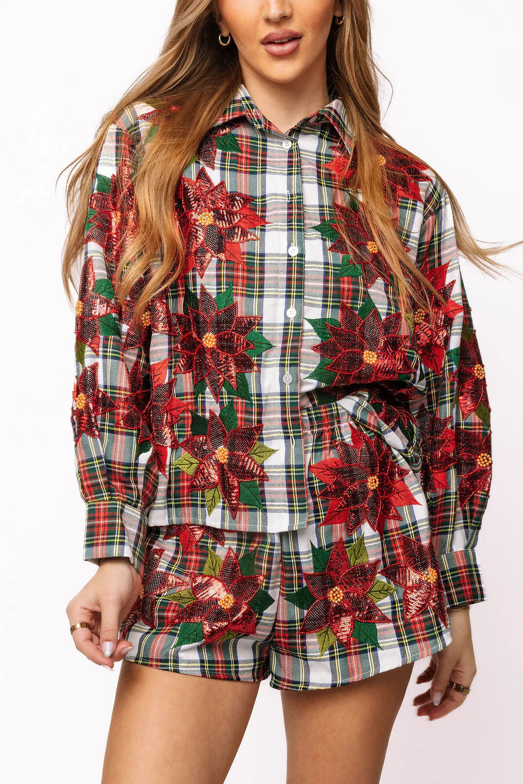 Queen Of Sparkles Red, Green & White Plaid Poinsettia Cotton Button Up Top