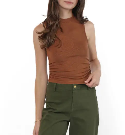 Ronan Mock Neck Ruched Knit Tank - Brown