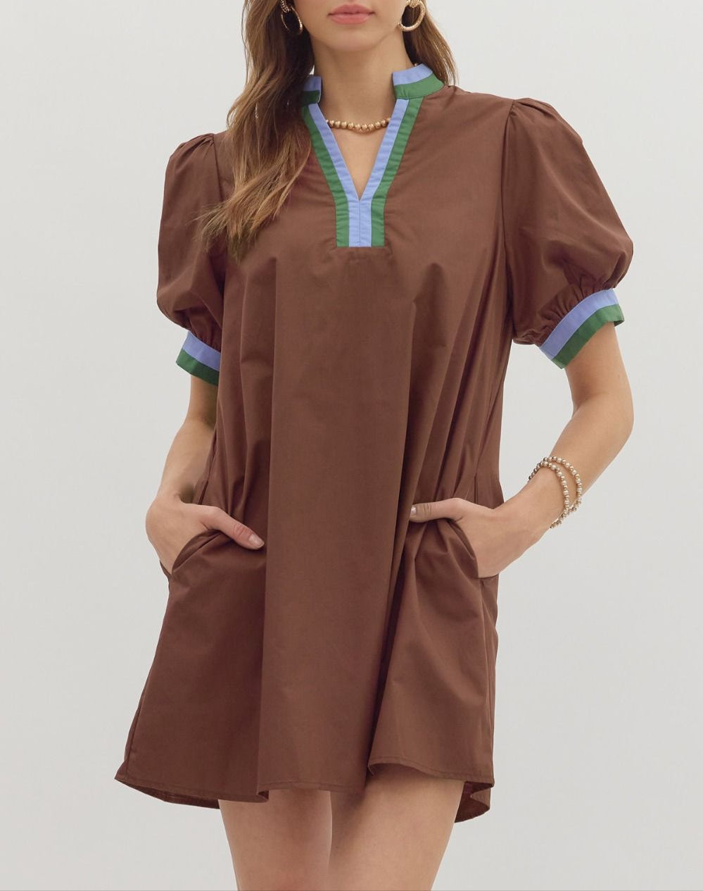 Simply Put Multicolor Trim Short Sleeve Dress - Chocolate