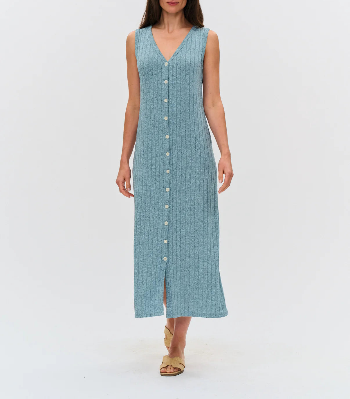 Sutton Ribbed Button Dress - Heather Seafoam