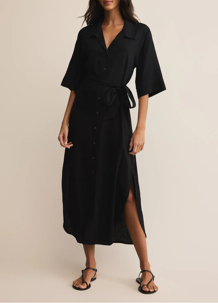 Z Supply Brise Linen Midi Shirt Dress - Black
