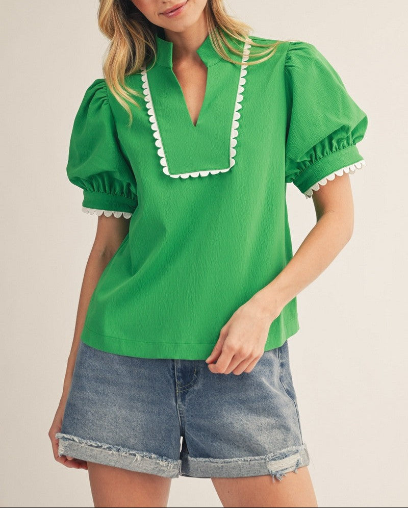 Lucky You Scallop Trim Accent Crinkle Top - Kelly Green