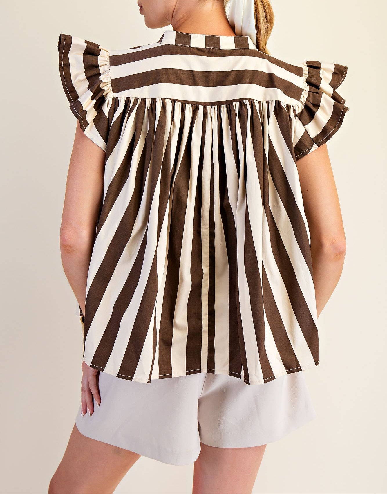 Rule Follower V-Neck Striped Flutter Sleeve Top - Brown