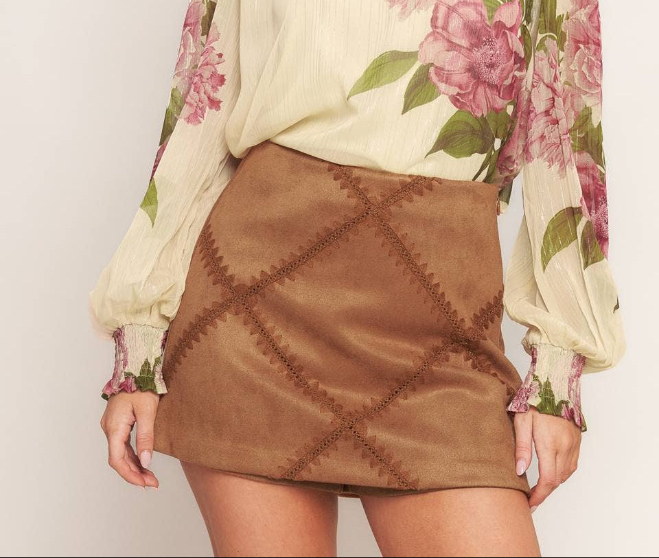 Slow Down Faux Suede Patch Work Skort - Camel