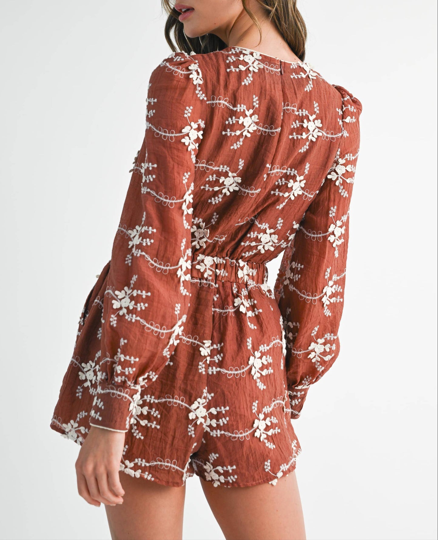 Country Morning Floral Embroidered Romper - Maroon