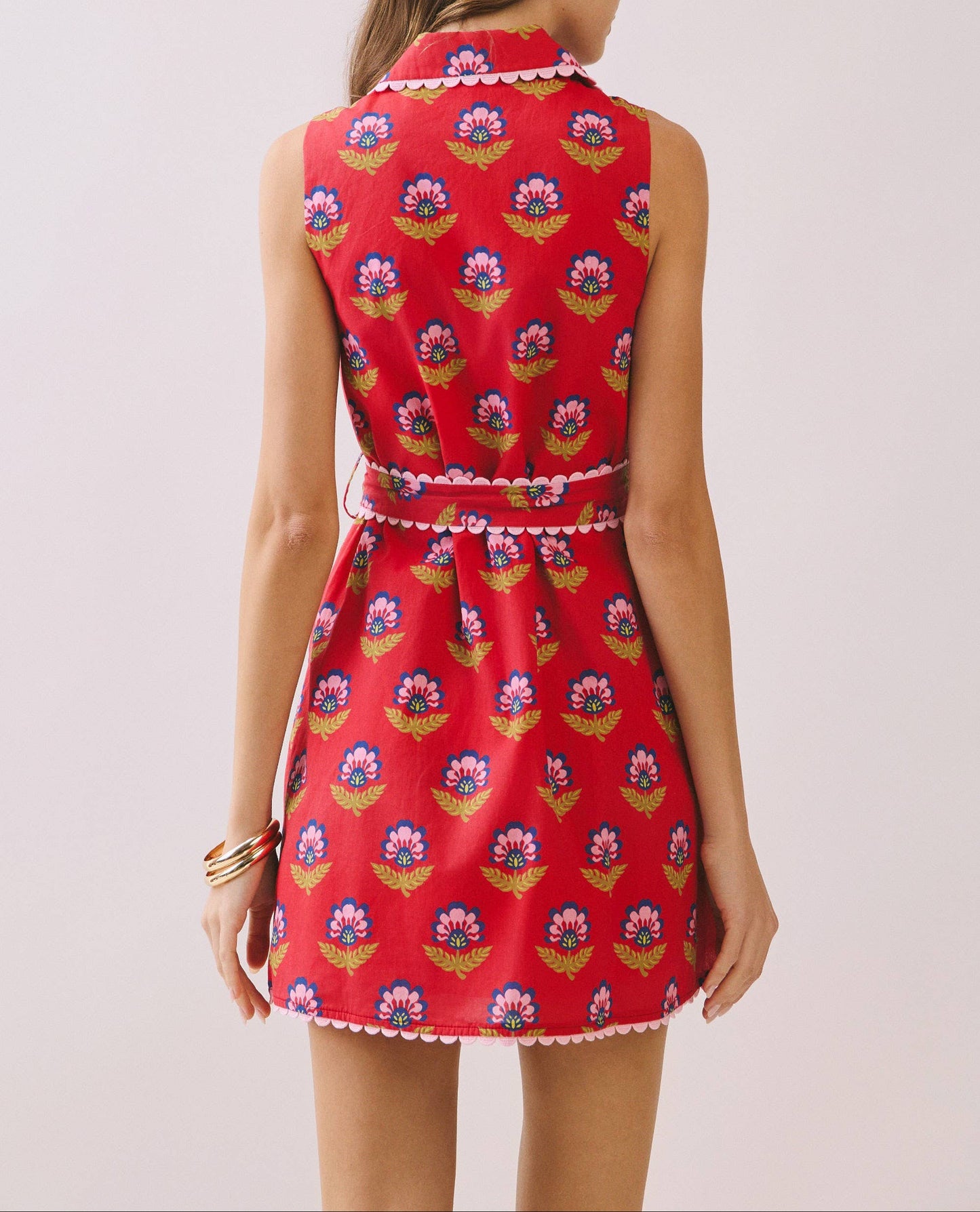 Wild Flower Contrast Scalloped Trim Detail Dress - Berry