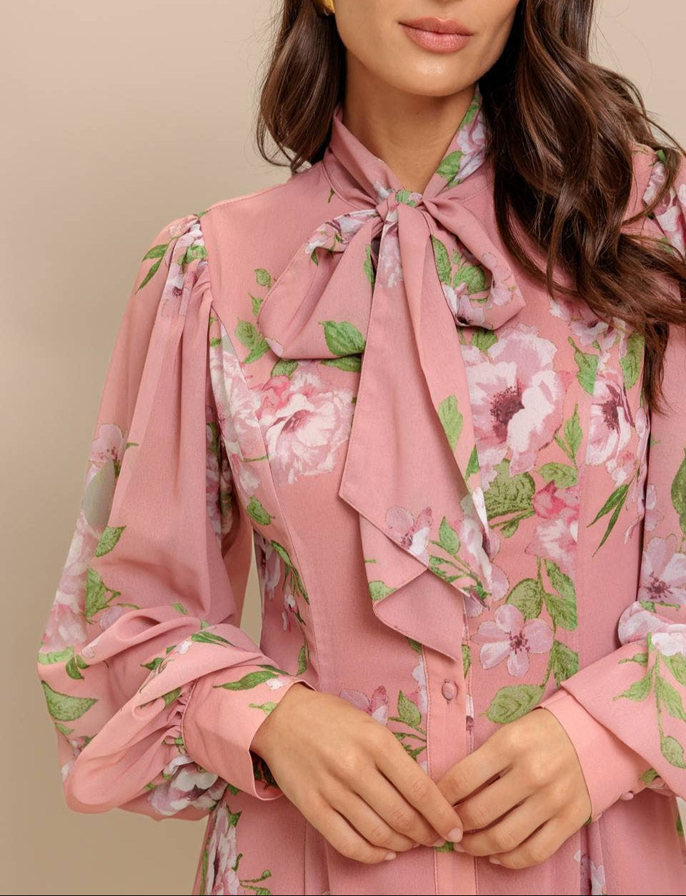 Classy Lady Floral Long Sleeve Midi Dress - Mauve