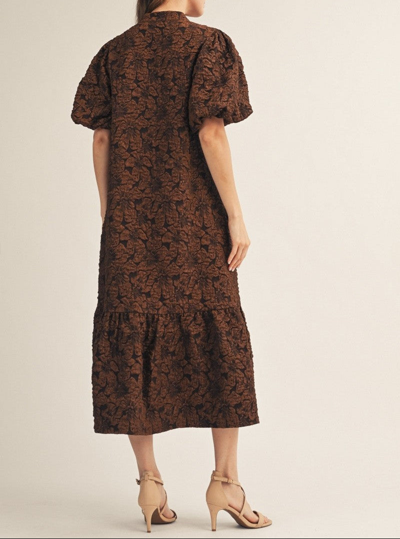 Clean Slate Puff Sleeves Jacquard Midi Dress - Brown