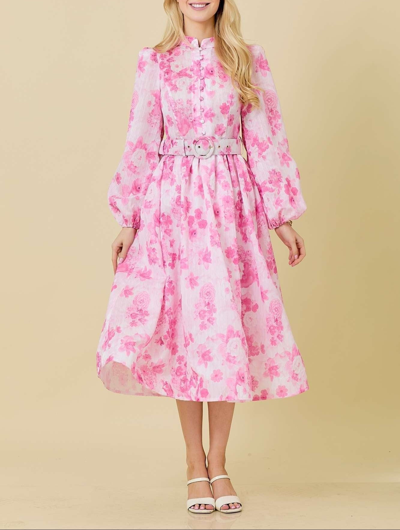 Stand Tall Floral Mock Neck Button Down Dress - Pink