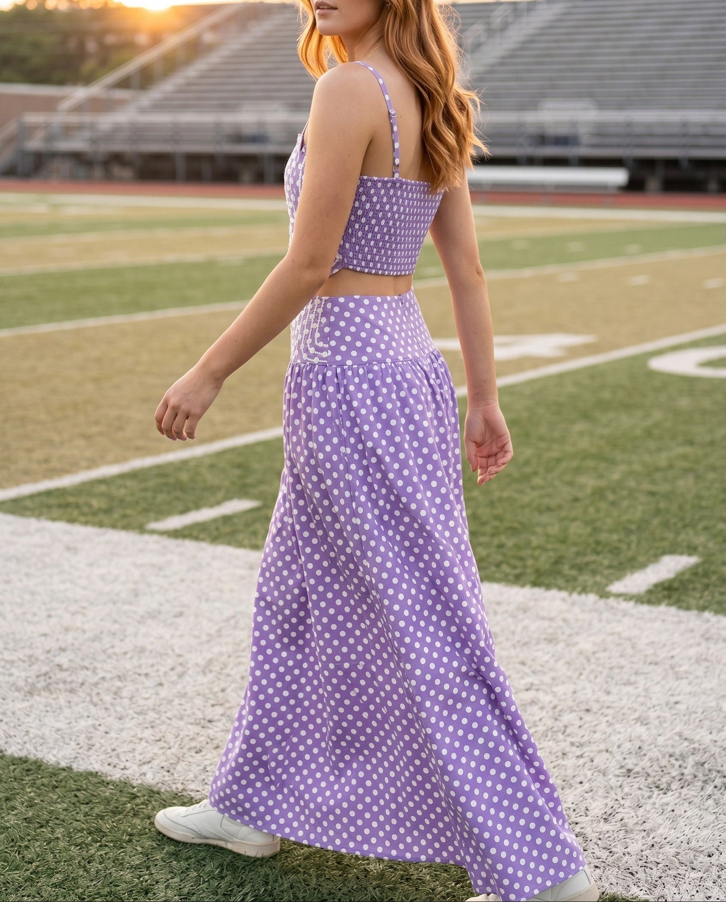 The Moment Trim Applique Polka Dot Maxi Skirt - Purple/White