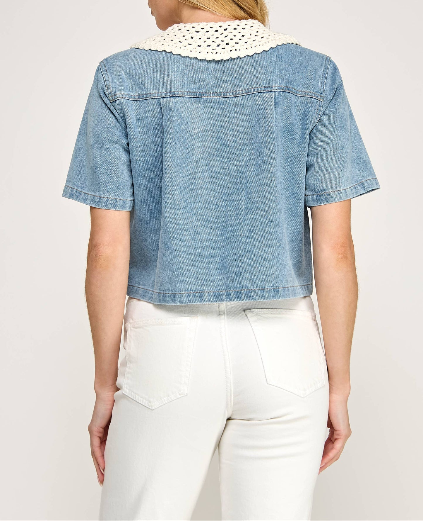Wendy Crochet Collar Boxy Denim Top - Light Wash
