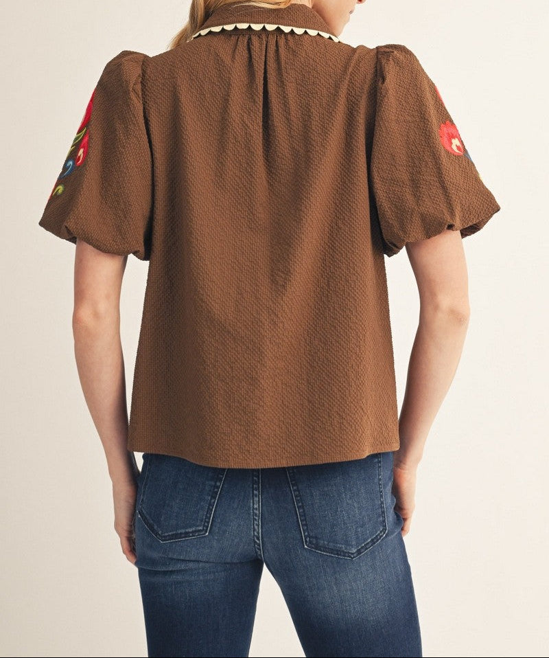 Inner Circle Embroidered Textured Top - Brown