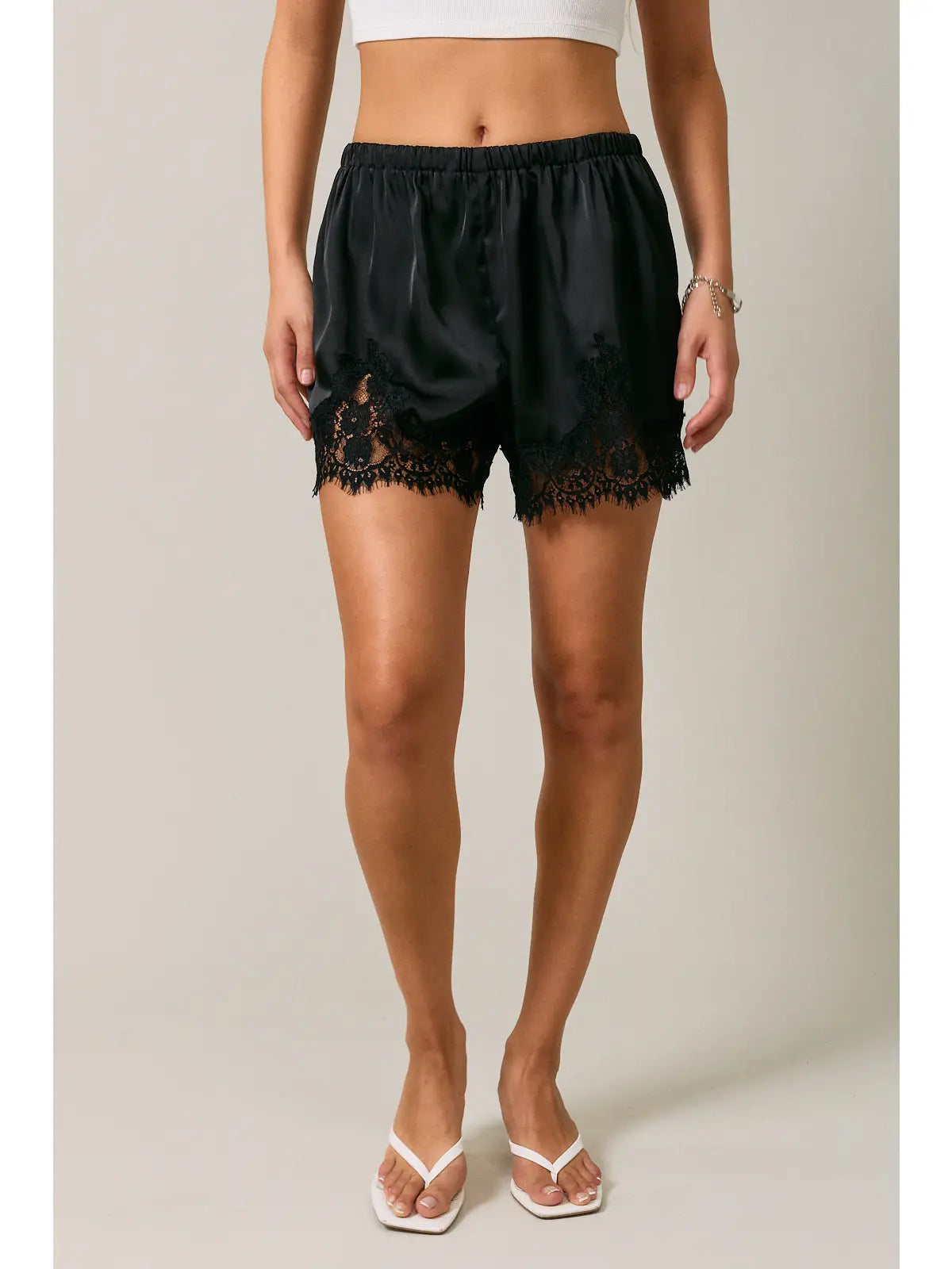 Write It Down Elastic Waist Mid Rise Lace Trim Shorts - Black