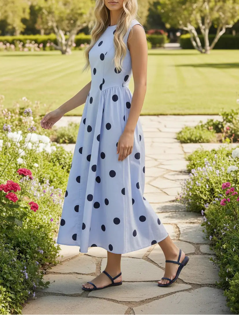 Getaway Sleeveless Polka Dot Midi Dress - Blue/Navy