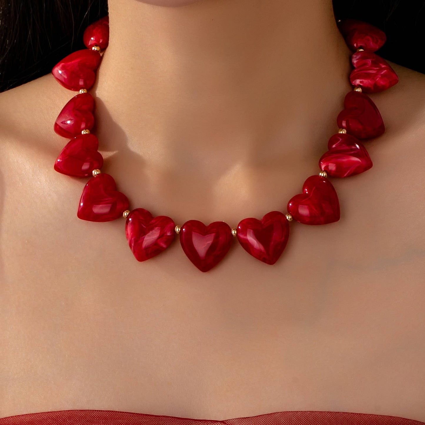 Large Heart Shape Beaded Necklace - Red