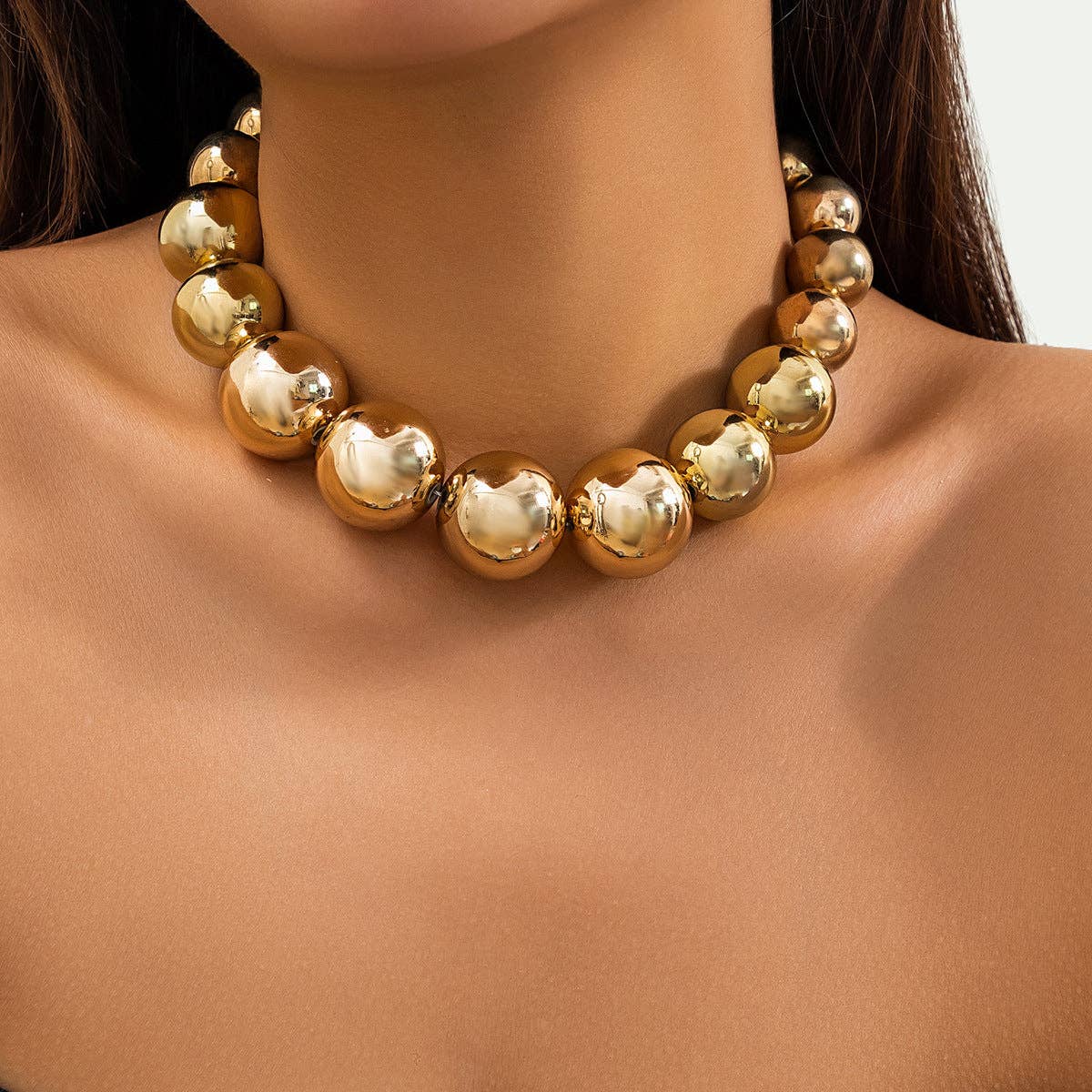 Bold Geometric Chunky Bead Choker Necklace - Gold