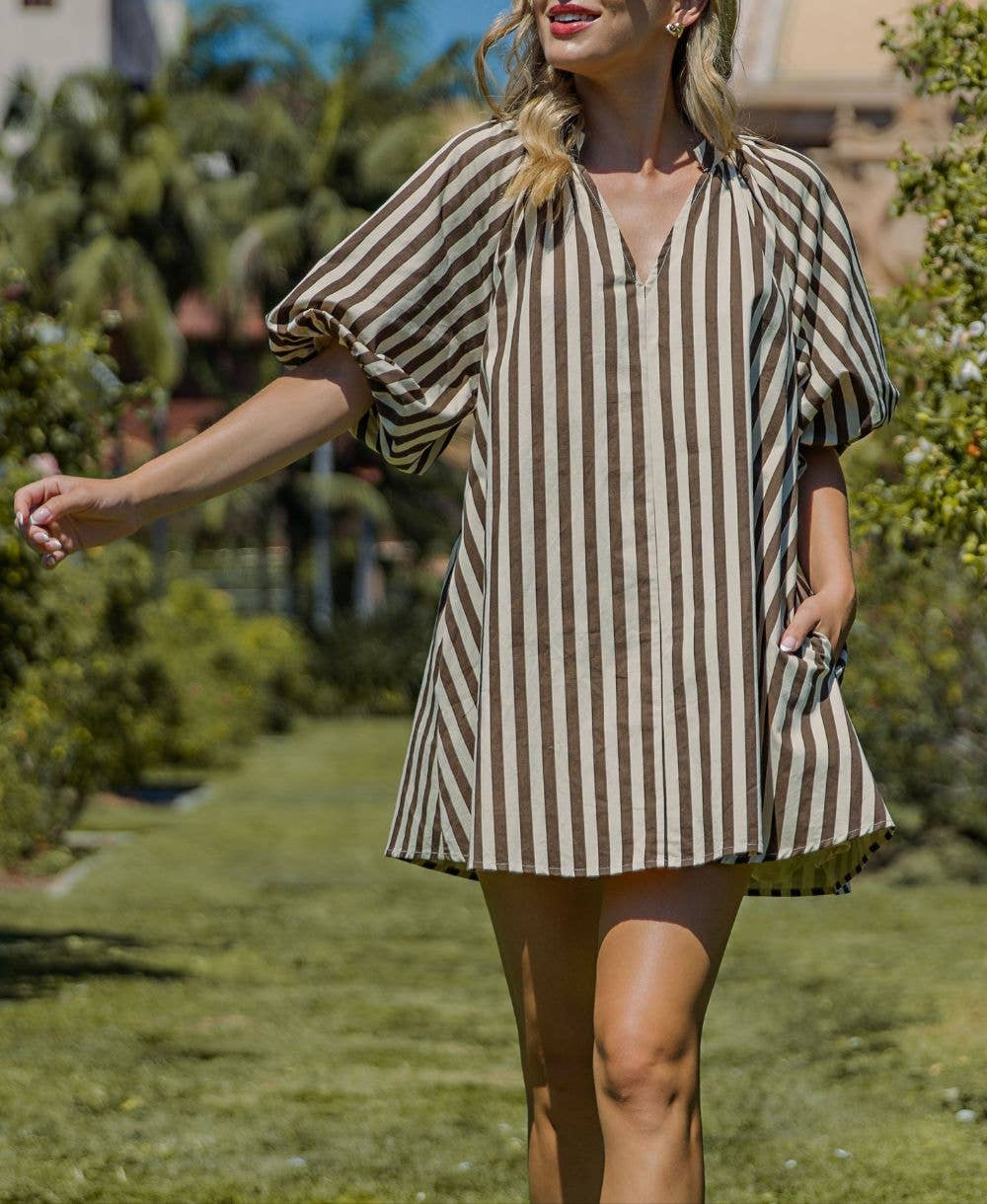 No Problems Here Puff Sleeve Striped Dress - Cream