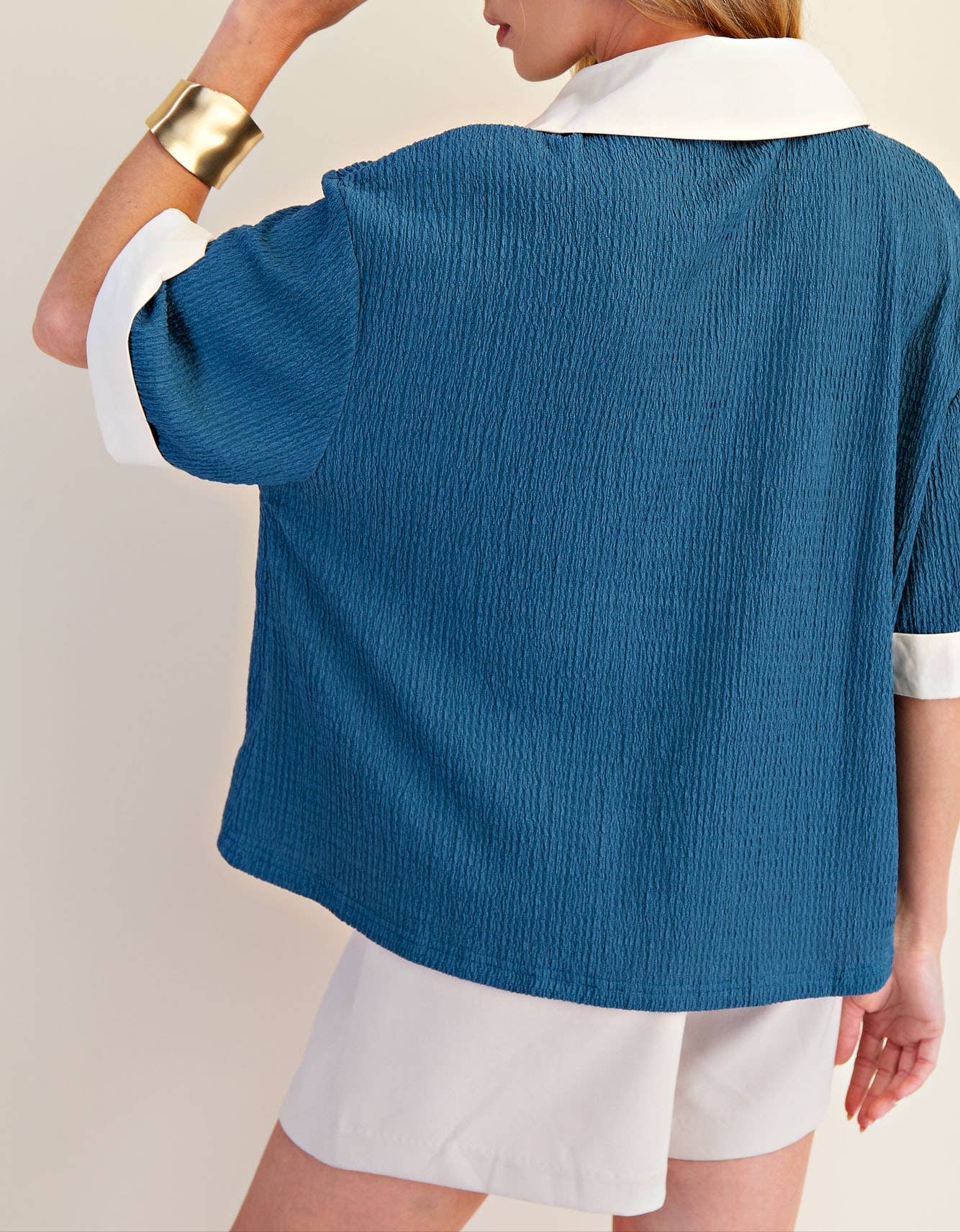 Team Spirit Collar V-Neck Short Sleeve Top - Blue