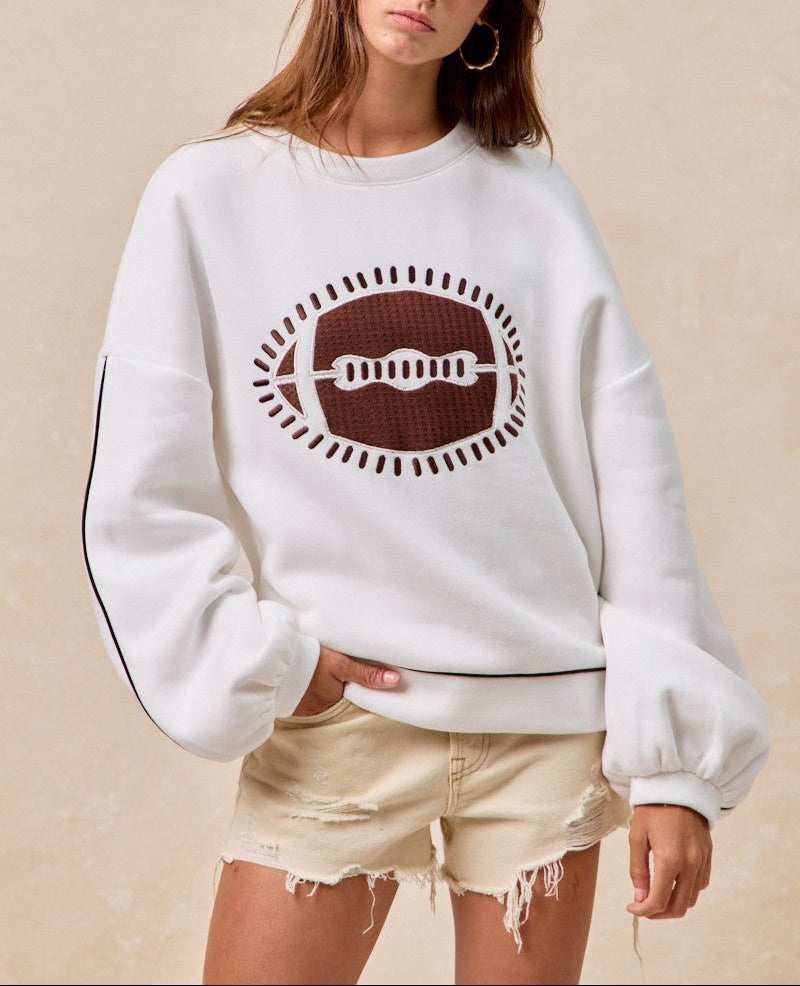 Go For Goal Gameday Football Embroidered Sweatshirt - Ivory/Brown