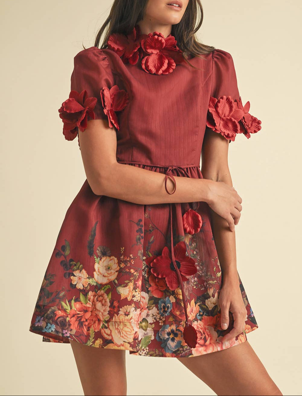 The Moment 3D Floral High Neck Dress - Burgundy