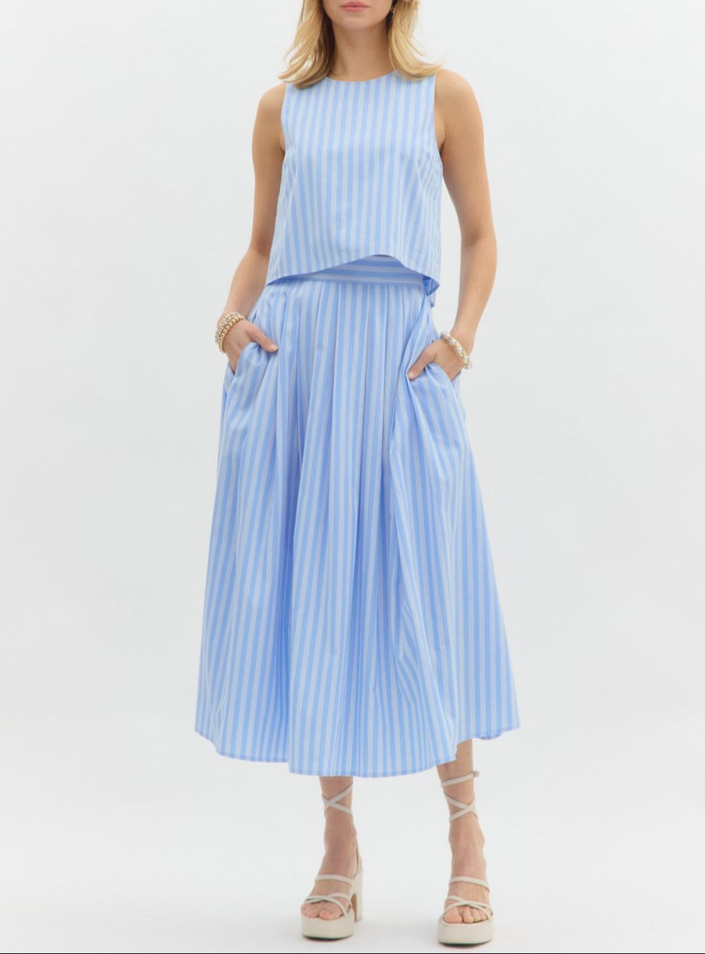 Ready Set Go Striped High Waist Pleated Midi Skirt - Blue