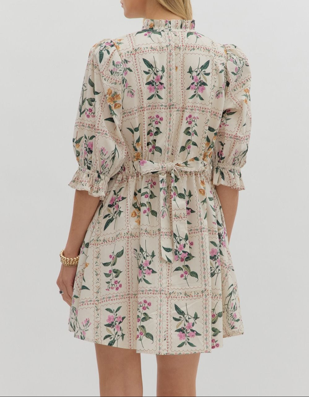 Picture Perfect Floral Puff Sleeve Dress - Ecru