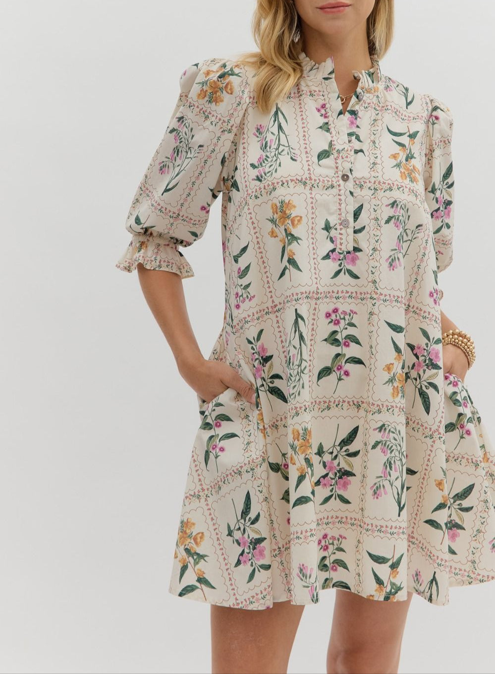 Picture Perfect Floral Puff Sleeve Dress - Ecru