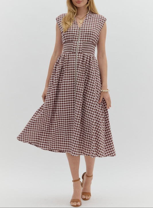 Gingham Girly V-Neck Midi Dress - Chocolate