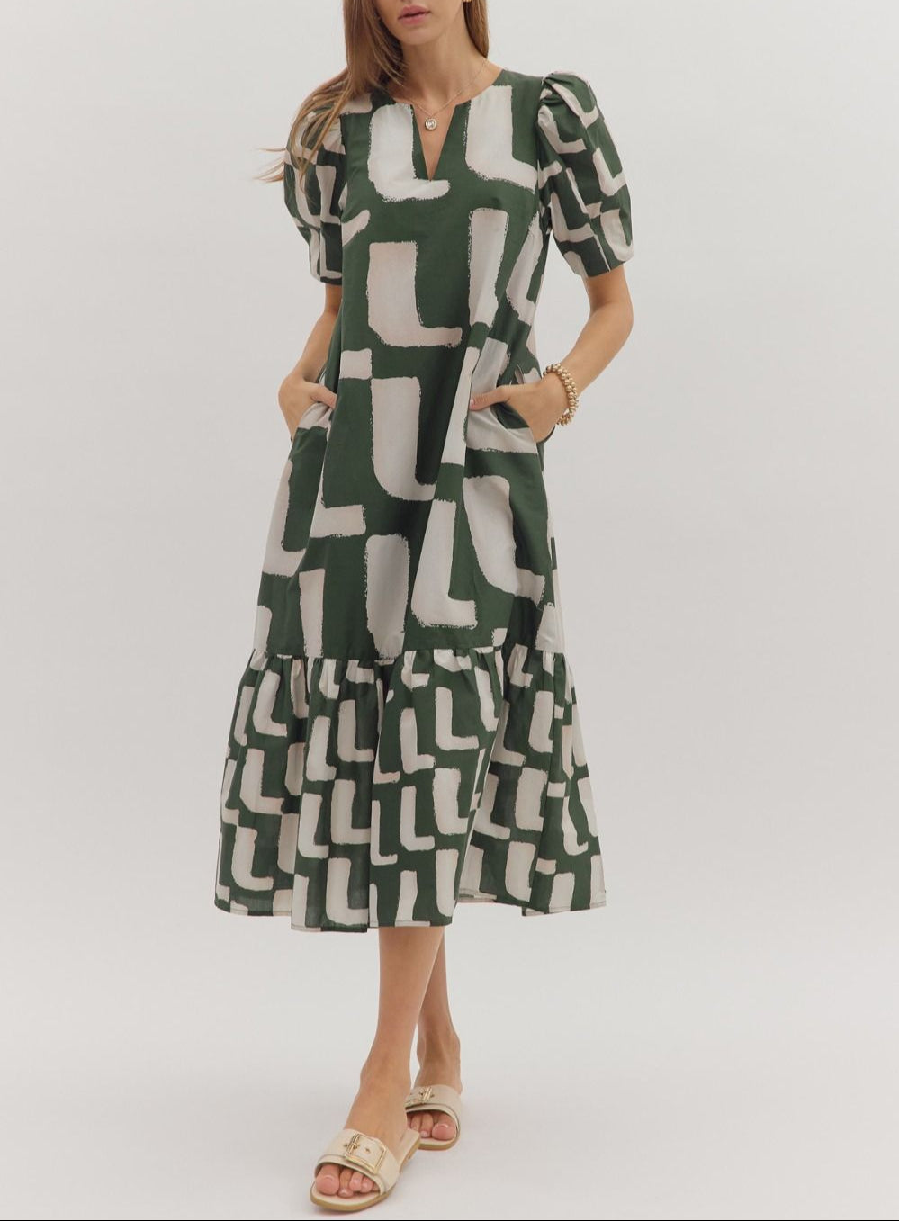Make A Statement Puff Sleeve Midi Dress - Hunter Green