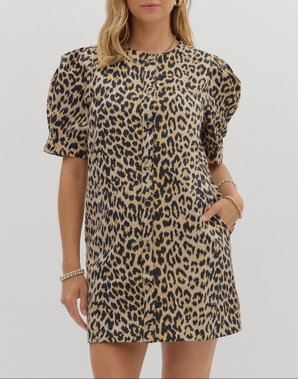 Into The Wild Leopard Print Front Button Dress - Taupe