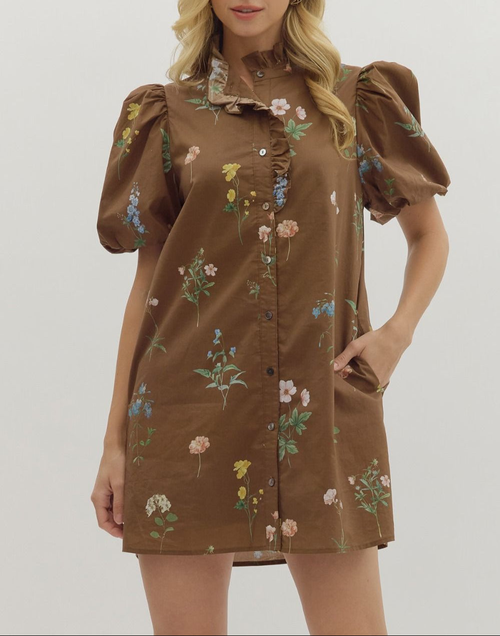 Happy Thoughts Floral Bubble Sleeve Dress - Brown