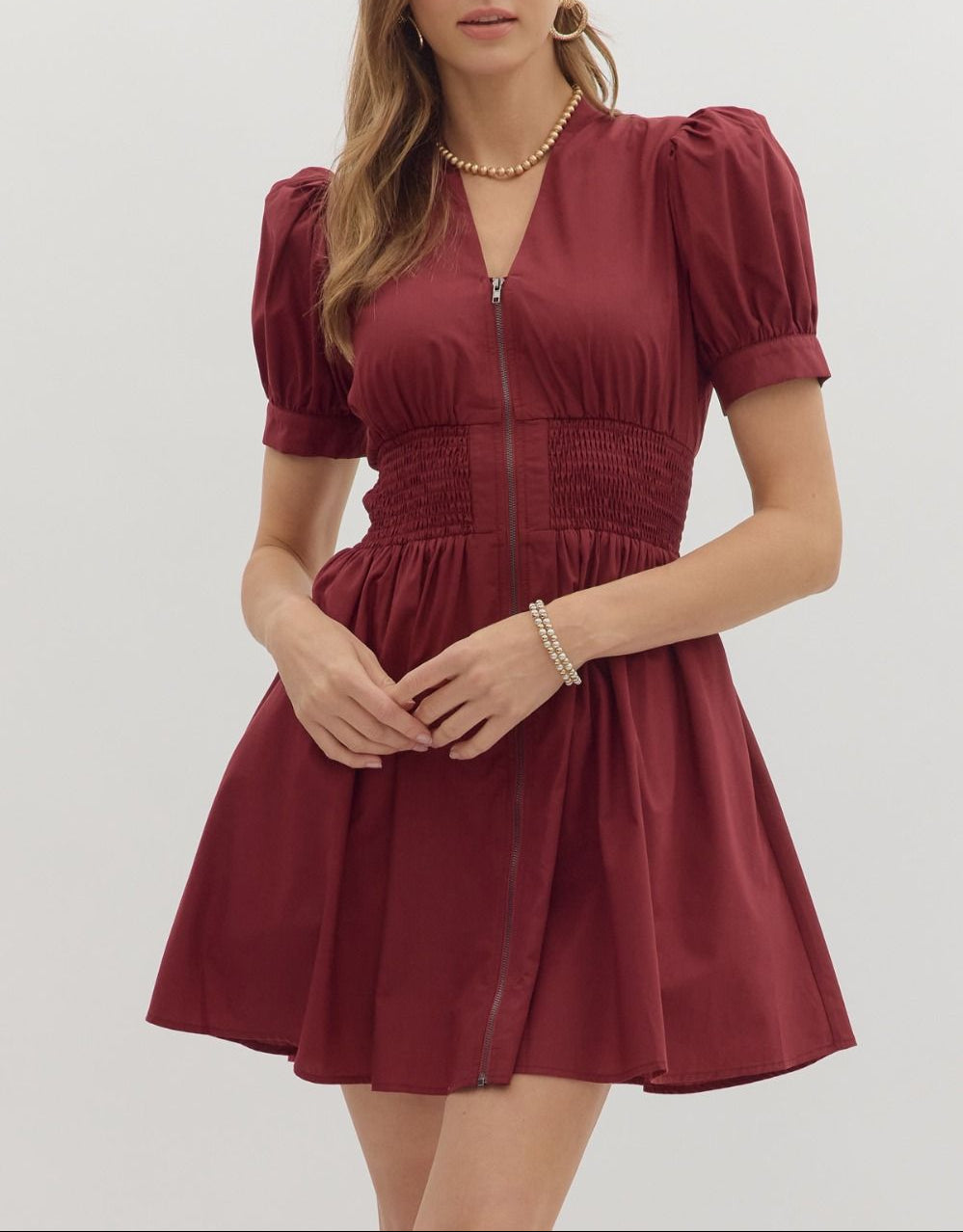 In A Hurry Smocked Waist Dress - Burgundy