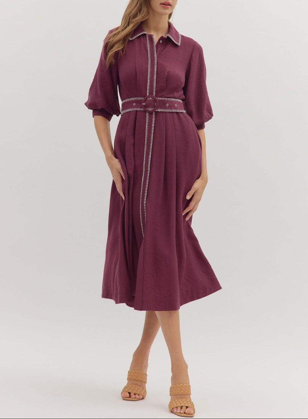 Pick Me Belted Midi Dress - Plum