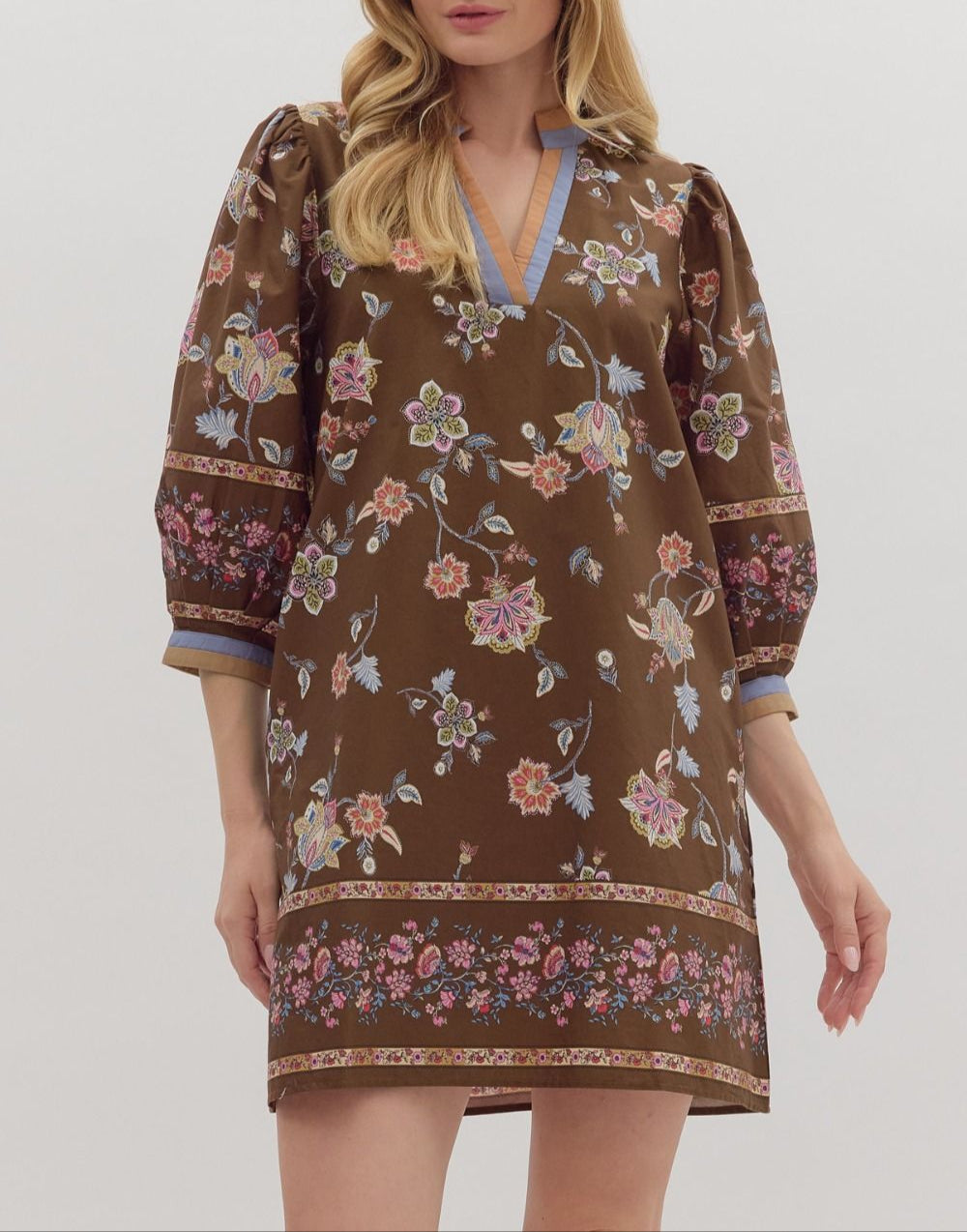 Botanical Garden Puff Sleeve Dress - Brown