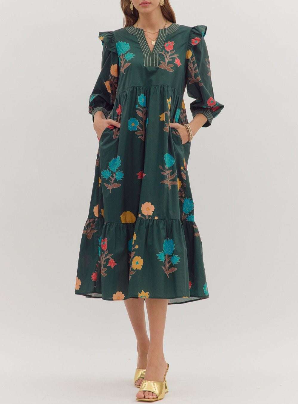 Home Grown Floral Midi Dress - Hunter Green
