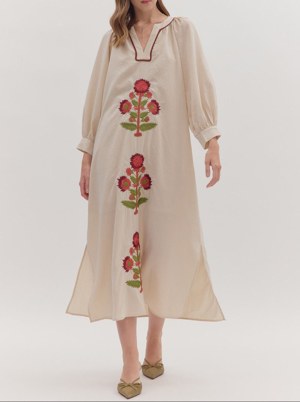 High Ranking Embroidered Floral Maxi Dress - Ecru