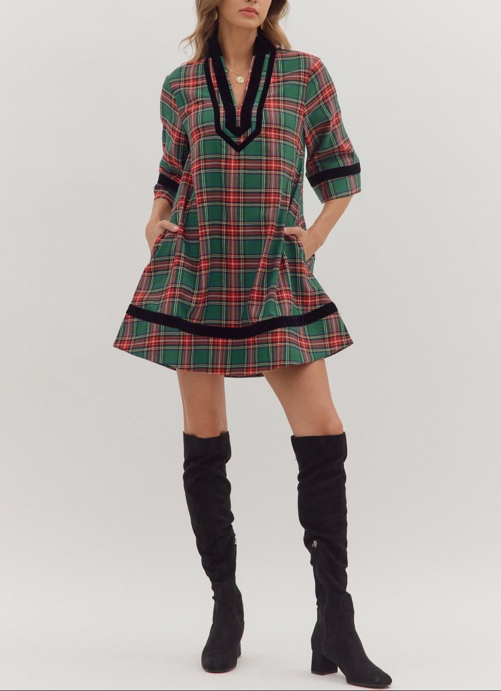 Spirits High Plaid 3/4 Sleeve Dress - Green