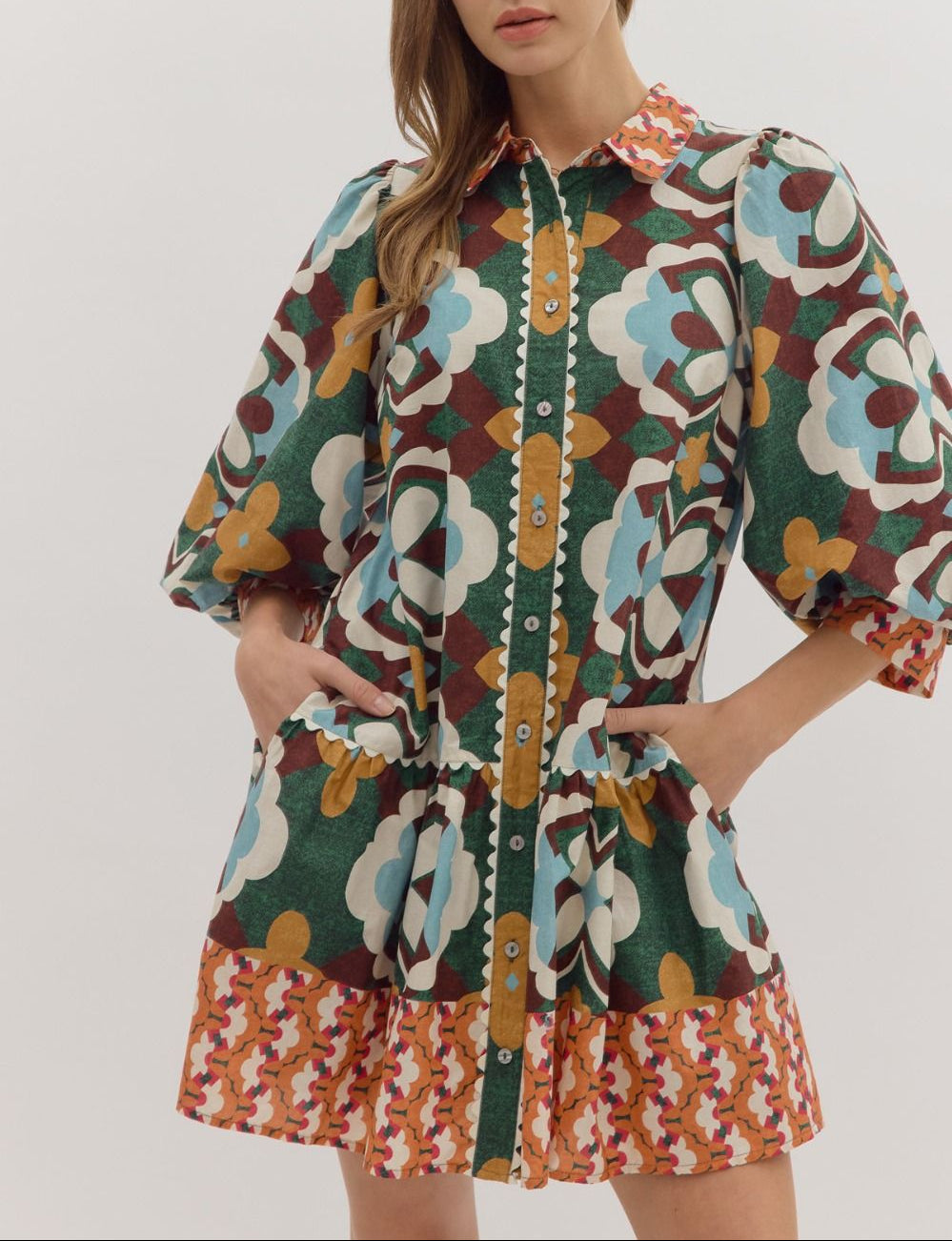 Make A Statement Floral Print Puff Sleeve Dress - Hunter Green