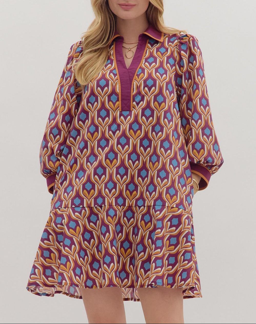 Add It Up Geometric Print Long Sleeve Dress - Wine