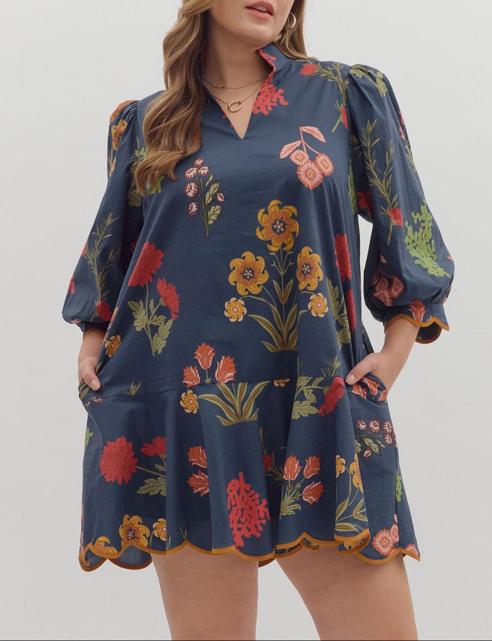 Work For It Floral Print Scallop Hem Dress - Navy