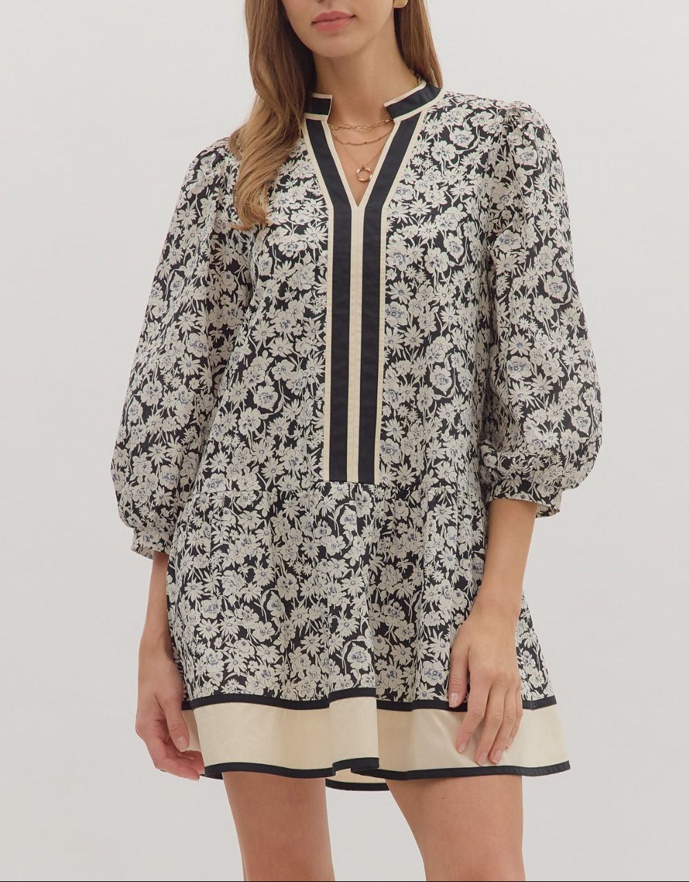 Instant Classic Floral Print Contrast Hem Dress - Black