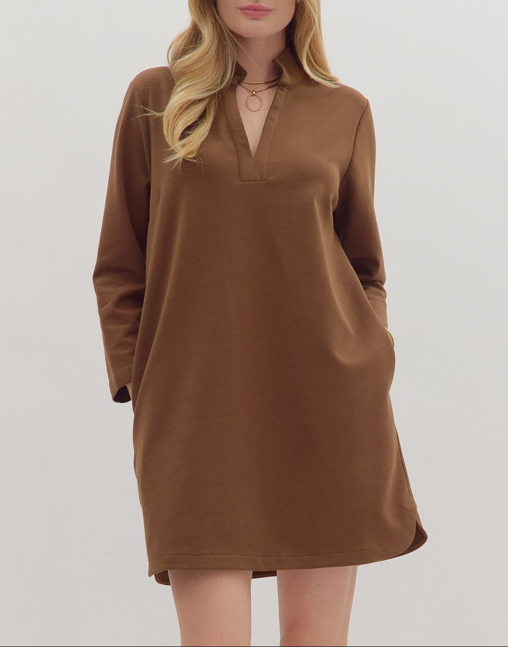 Take Care V-Neck Long Sleeve Dress - Brown