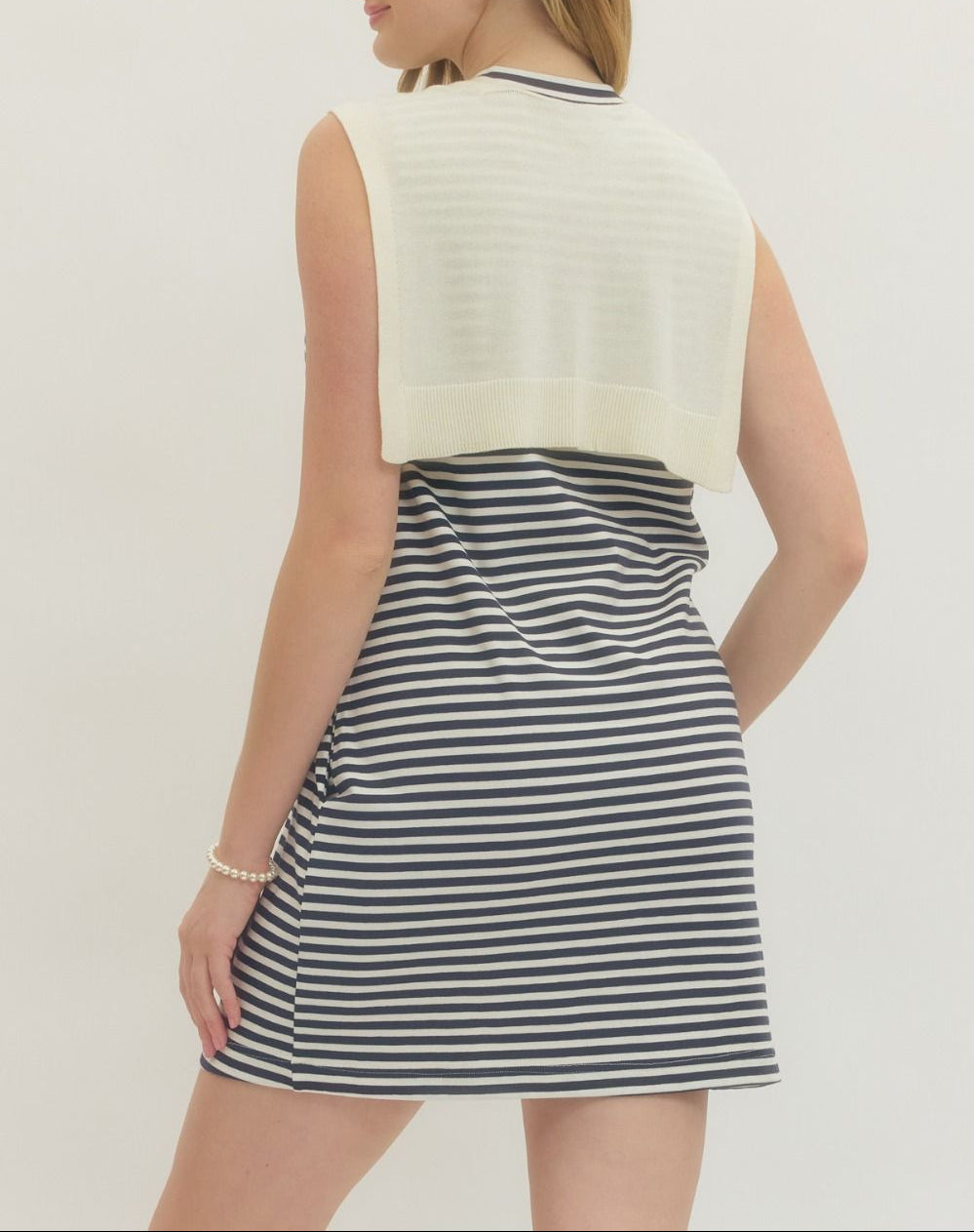 Set Match Striped Sleeveless Scarf Dress - Cream/Navy