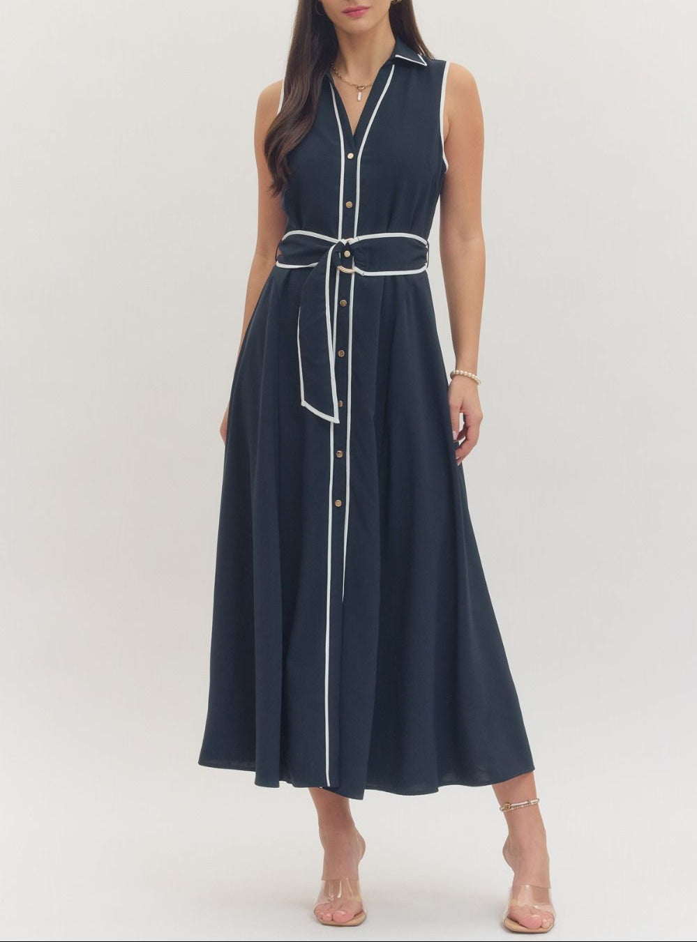 Model Behavior Sleeveless Contrast Midi Dress - Navy