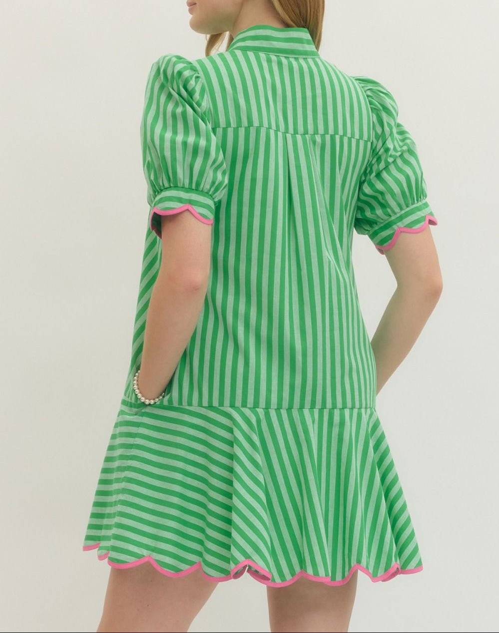 Sugar Rush Striped Scallop Trim Dress - Green