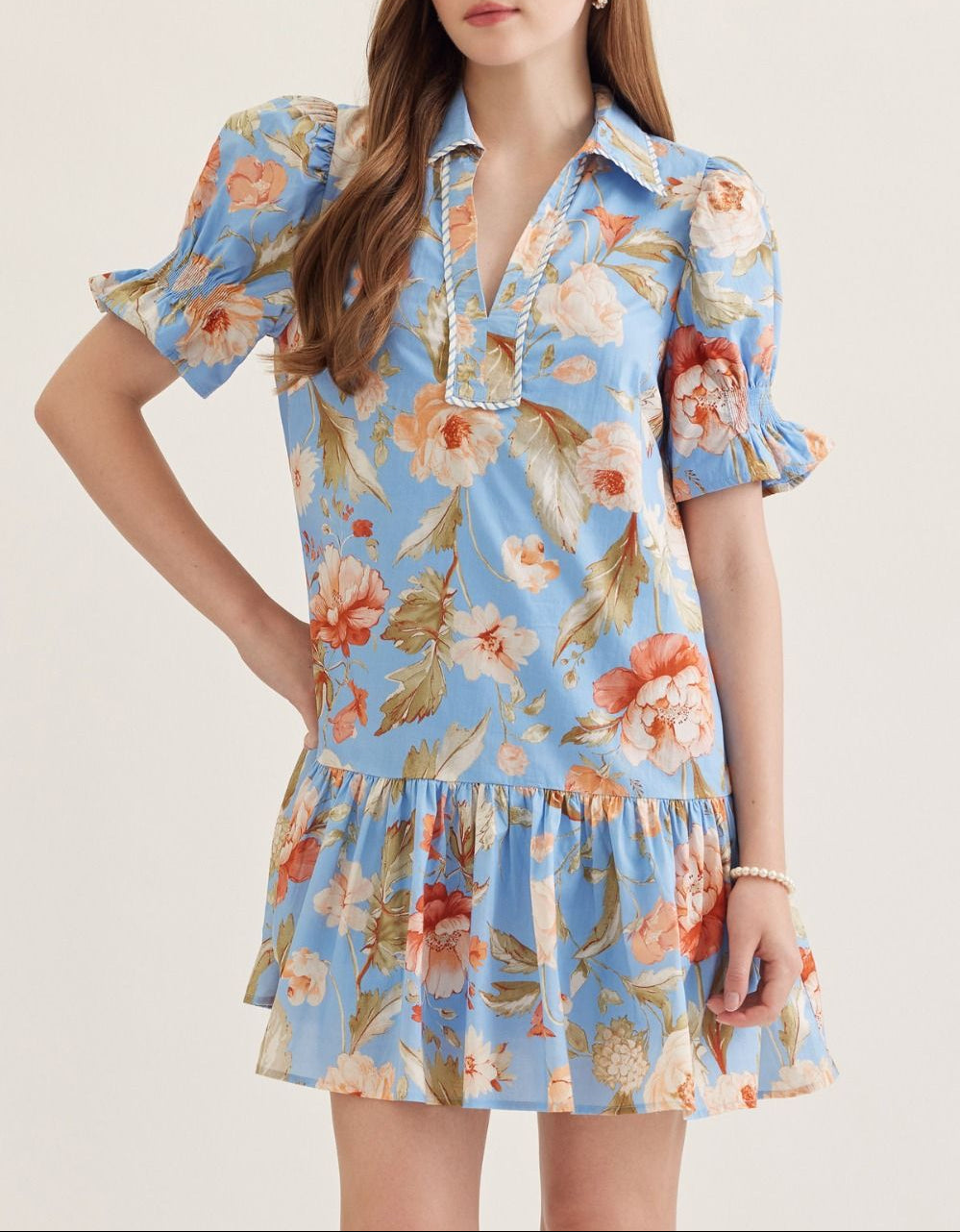 Handmade Floral Print Puff Sleeve Dress - Blue