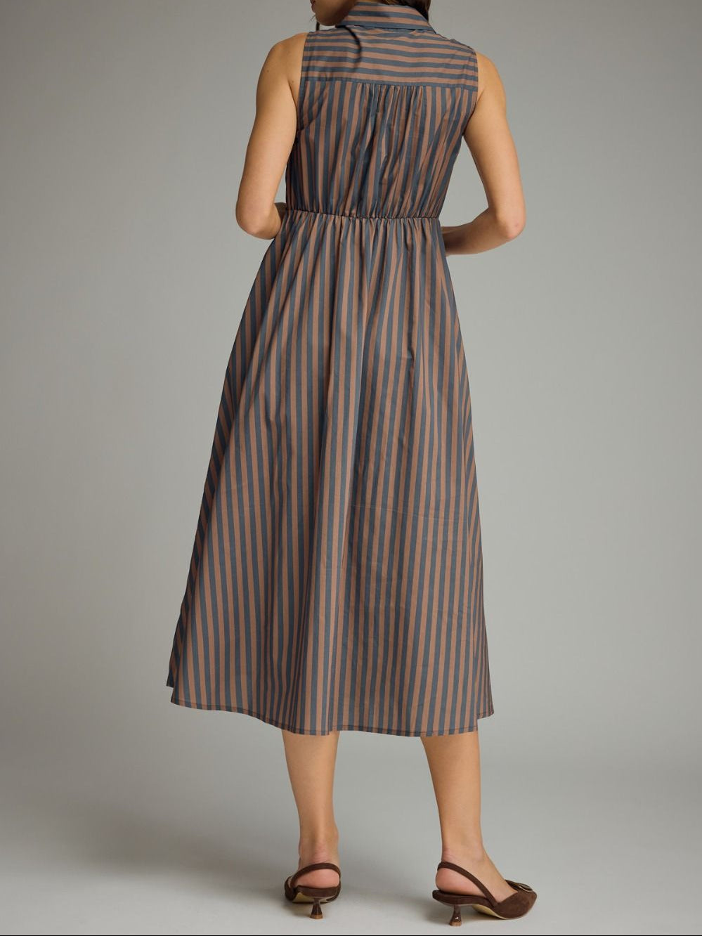 Find Me Striped Sleeveless Midi Dress - Navy Brown