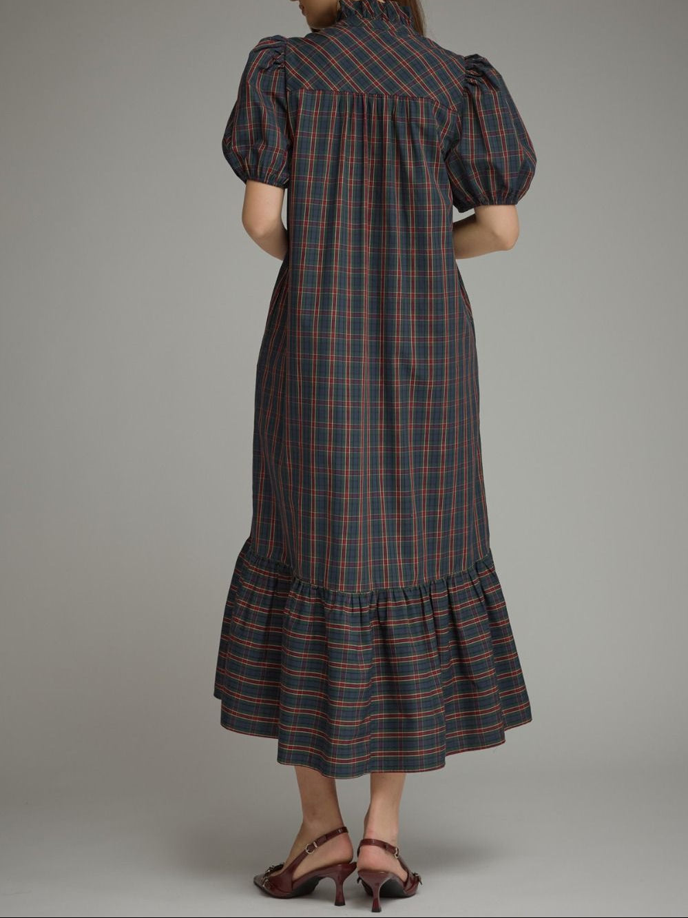 Merry & Bright Plaid Puff Sleeve Midi Dress - Green