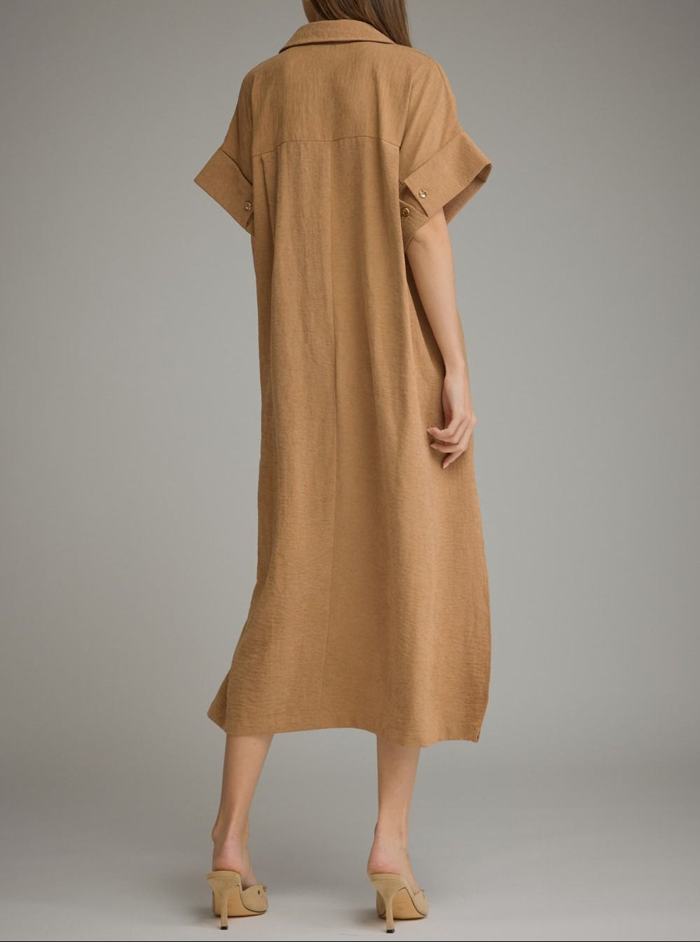 Thank You Solid Short Sleeve Midi Dress - Camel